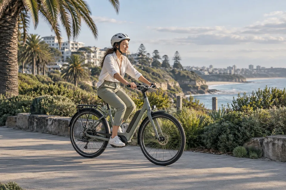 Rider on a step-through electric bicycle by the coast