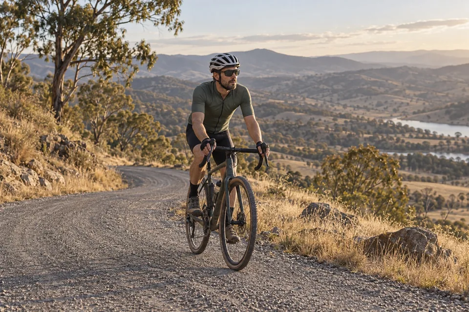 Cyclist exploring a gravel road in the Australian hills
