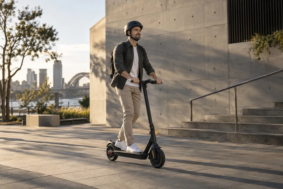 Helmeted rider on an electric scooter in the city